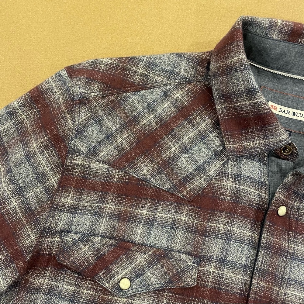 32 Bar Blues 100% Cotton Plaid Pearl Snap Button Down Shirt Size Large - Picture 4 of 13